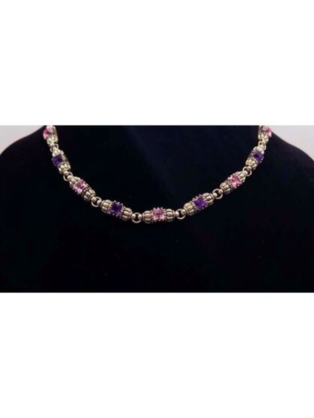 VTG style Silver Tone Link Necklace with Alternating Purple  Square Stones